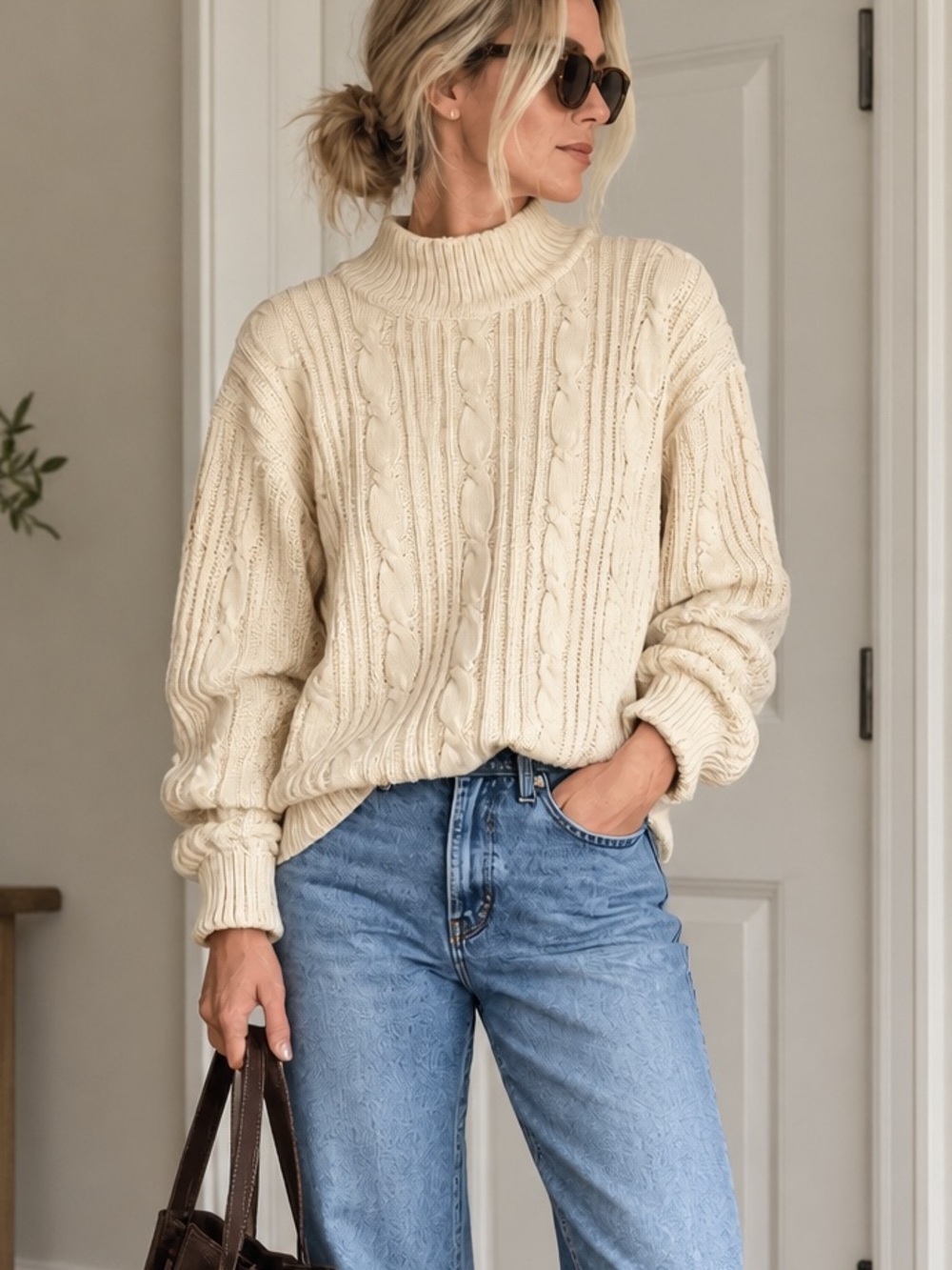 Vintage Liz Sport Liz Claiborne 100% Cotton Cable Knit Mock Neck Sweater M